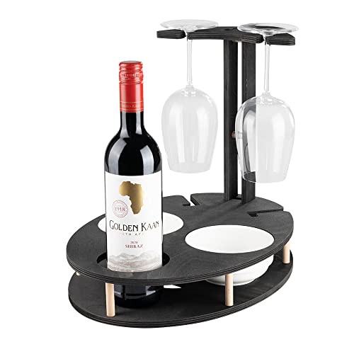 INEXTERIOR WeinBar Plus - Tablett für Wein und Snacks - mit Weinglashalter für ansprechende Präsentation - Weinregal Wein Glas Ständer Halter Bar Couch Butler Organizer Sofaablage (schwarz)
