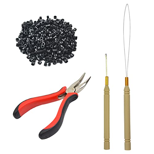 Microring Haarverlängerung Set mit 1 Stück I-Tip Hair Zangen 1 Stück Microring Nadel Einfädler 1 Ziehen Haken und 500 Stück Microringe für Haarverlängerung Zubehör (Schwarz)