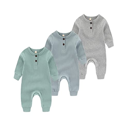 Chamie Baby Romper Newborn Knitted Jumpsuit Long Sleeve Baby Boys Girls Footless One-Piece Suit 0-24 Months,3 Pcs,Blue,Green,Grey