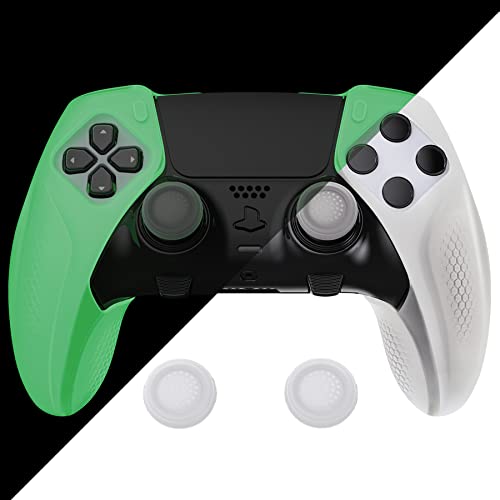 PlayVital Ninja Edition Glow in Dark Half Covered Silikon Cover für ps5 Edge Wireless Controller, Ergonomic Protector Soft Rubber Case for ps5 Edge Controller with Thumb Grips - Grün