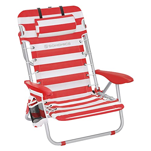 SONGMICS Strandstuhl, Campingstuhl, faltbar, mit Schultergurt, verstellbare Rückenlehne, Kopfstütze, Armlehne, 2 Seitentaschen, Rot und Weiß GCB062R01