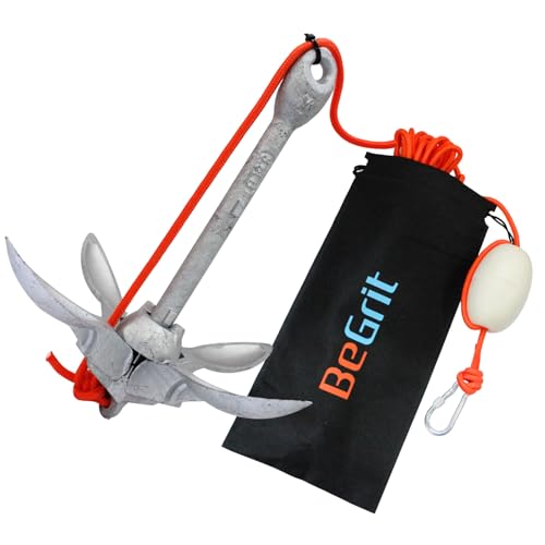 BeGrit Verzinkt Anker Gusseisen Faltanker 1,5KG Ankerset mit Ø 6mm 10 Meter Ankerleine Für Boot SUP Paddle(Silber)