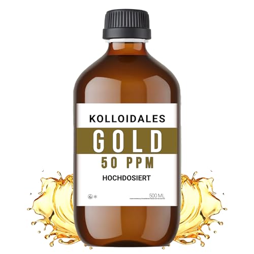 Kolloidales Gold 50PPM - 500ml Premium Goldkolloid in Braunglasflasche mit Sicherheitsverschluss - Monoatomisches Goldwasser (Manna Colloidal Gold) - Deutsche Qualität!