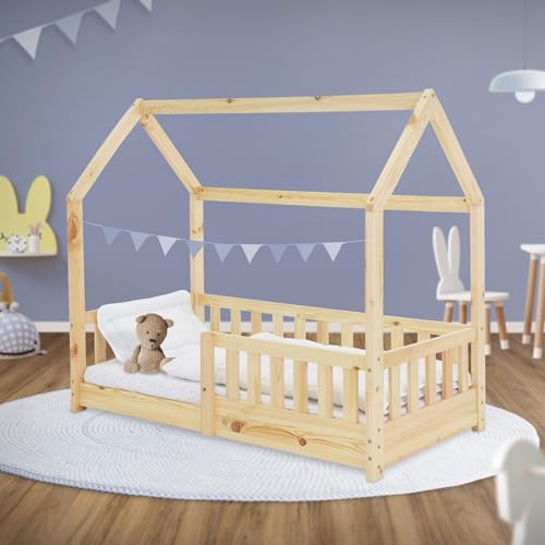 ML-Design Kinderbett 70x140 cm mit Rausfallschutz, Dach und Lattenrost, Natur, Massivholz Kinder Bett, Hausbett für Mädchen/Jungen, Bettenhaus aus massivem Kiefernholz, Stabiles Jugendbett Kinderhaus