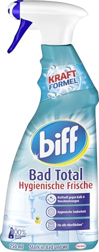 Biff Bad Total Hygienische Frische Badreiniger (750 ml), Bad Reiniger gegen Kalk & Schmutz, Sprühflasche, Kalkentferner für alle Oberflächen und hygienische Sauberkeit im ganzen Bad