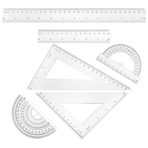 6-Teiliges Lineal Set Mathematik Geometrie Set 12 Zoll und 6 Zoll Gerades Lineal Set Grundschule Lineal Kinder Winkelmesser Schule Transparentes Lineal-Messwerkzeug für Schul-,Büro- und Heimbedarf