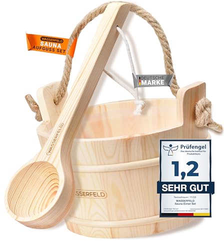 WASSERFELD® Sauna Eimer Set (4 Liter) - Hochwertiger Sauna Eimer mit Kelle - Hitzebeständiger Saunakübel 4L inkl. Einsatz & Hanftrageseil