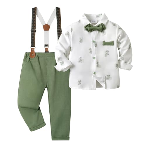 Volunboy Baby Jungen Anzug Set Bekleidung, Kleinkind Langarm Hemd mit Fliege + Hosenträger Hosen 4 Stück Anzug (2-3 Jahre,Dunkel Grün,Größe 100)