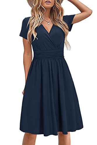 STYLEWORD Damen Sommerkleid Kurzarm V-Ausschnitt Kleider Einfarbig Kleid Strandkleid Mit Taschen(Marine,Mittel)