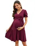 KOJOOIN Damen Umstandskleid V-Ausschnitt Stillkleid Elegant Puff Ärmel Schwangerschafts Kleider mit Rüsche Weinrot(Kurzarm) M