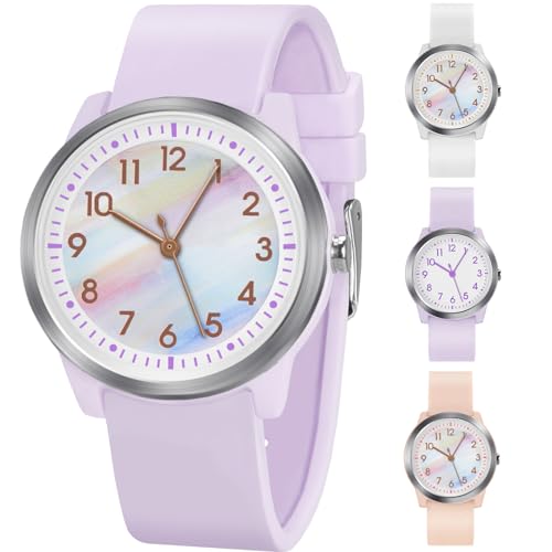 SOCICO Kinderuhr Analog, 5ATM/50M Wasserdicht Armbanduhr Kinder Mädchen Jungen Teenager, Leicht Lesbar Kinder Quartz Minimalistisch Uhren für 9-18 Jahre (Regenbogenlila)