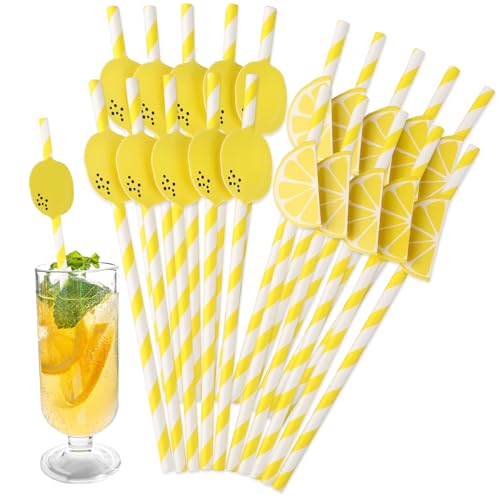 Molain Papierstrohhalme, Trinkhalme aus Papier mit Zitronenmuster, 20Stück Cocktail Strohhalme Trinkhalme Papier Kraft Strohhalme für Partys Hochzeiten und Anlässe Party-Deko-Zubehör