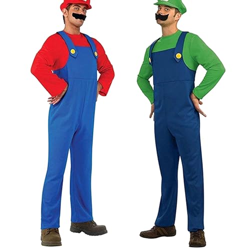 YUUGYD Super Brothers Cosplay Kostüme für Erwachsene Kinder, Halloween Carnival Cosplay Kostüm, Cosplay Kostüm mit Hut und Schnurrbart für Herren Damen Jungen Mädchen, Herren Grün, XL