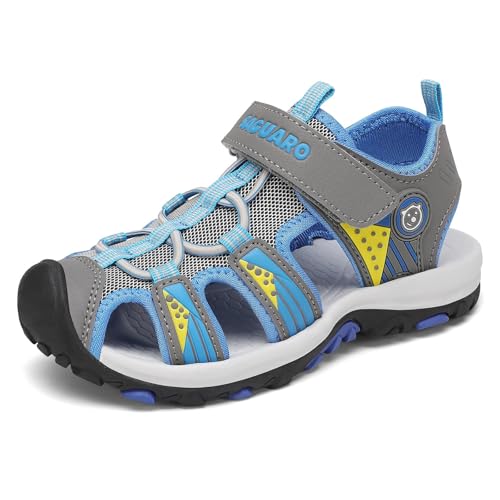 SAGUARO Jungen Sandalen mit Geschlossene Zehe Mädchen Sommer Trekkingsandalen Atmungsaktiv Rutschfest Kinder Sanldalen für Outdoor Sport Grau 32 EU