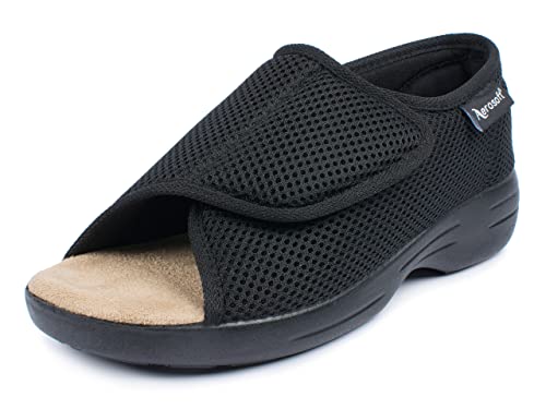 Aerosoft Reha-Sandale Stretch 14 Damen Herren Klettverschluss Weite G-H rutschhemmend (Schwarz, 39)