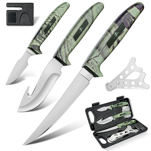 Purple Dragon Zerwirkset Jagd, Jagdmesser Set aus 440C Edelstahl, Aufbrechmesser, Abziehmesser jag, Ausbeinmesser Outdoor, Fleischermesser Sehr Scharf, Geschenk für Männer - Grün