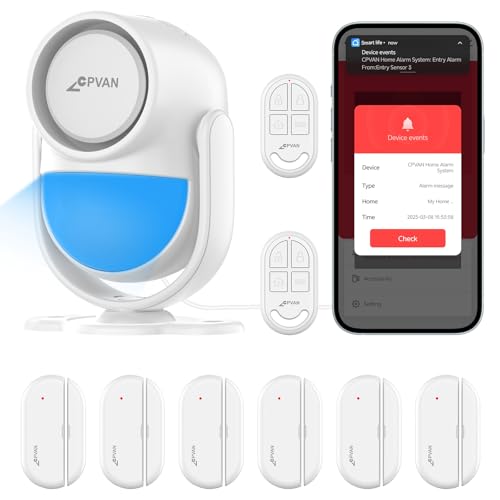 CPVAN Alarmanlage Haus, WiFi PIR Bewegungsmelder Alarm, DIY Einbruchschutz Fenster/Türsensor mit Fernbedienung & APP, Kein Vertrag & Gebühr,Weiß