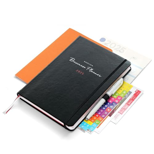weekview Business Planner Premium 2025 A5+ mit Tafelkalender, Sticker, Griffregister, Froschtasche, Stiftschlaufe, Stift, Gmund Notizheft, Wochen-/Monatsübersicht, Quartalsplanung, Notizseiten