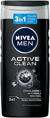 NIVEA MEN Active Clean Duschgel (250 ml), pH-hautfreundliche Pflegedusche mit maskulinem Duft, Männer Duschgel mit Aktivkohle für Körper, Gesicht und Haar