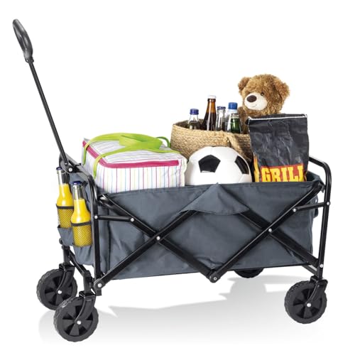 EASYmaxx klappbarer Bollerwagen | Faltbare 360°-Reifen für bis zu 80 KG Tragkraft | Geeignet für Camping, Garten, Ausflüge | Kompakter Transportwagen mit Getränkehalter + stabilem Rahmen und Achse
