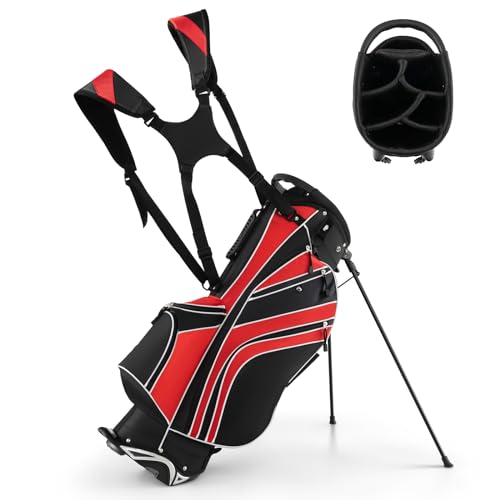 COSTWAY Golfbag mit Ständer und Regenschirmhalter, 7 Standbag inkl. Kühltasche und Schultergurt (Rot)