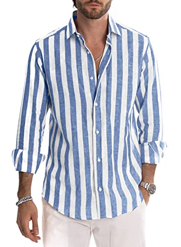 Meilicloth Herren Hemd Langarm Sommer Gestreifte Freizeithemden Casual mit Knöpfen Regular Fit Himmelblau Weiß XXL