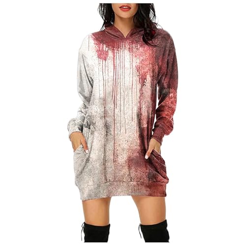 Problem Gelöst Halloween Hoodie Damen Kapuzenpullover mit Blutig Bedruckt Blood Langarm Tshirt Kleid mit Kapuze Kapuzenpulli Blut Verletzung Horror Pullover mit Taschen Blutspritzer Muster Oberteil