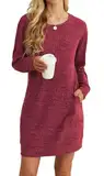 PrinStory Damen Pulloverkleid Langärmelig Winterkleider Beiläufige Komfortabel Gestrickte Pullover Oberteile Basic Pulloverkleid Mit Seitentaschen (Rot, L)