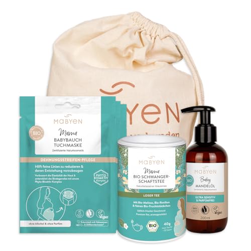 MABYEN Schwangerschafts Set | Naturkosmetik, Vegan, Natürliche Pflege für Schwangere mit 3x Babybauch Tuchmaske, 1x Mandelöl und 1x Schwangerschaftstee, Dehnungsstreifen Pflege