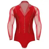 dPois Herren Tanz Hemd Latein Standard Tanz Tango Salsa Trikot Leotard Tanzbody Hemdbody mit Strass Männer Ballroom Tanzkostüm Rot M