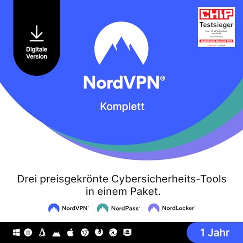 NordVPN Komplett, 1 Jahr, VPN- und Cybersicherheitssoftware, Digitaler Code