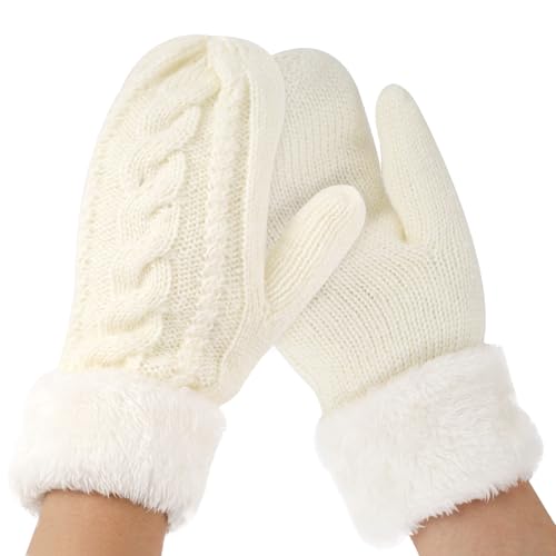 Super Dicke Gestrickt Fausthandschuhe, Damen Mädchen Fäustlinge Weihnachts Strickhandschuhe Fausthandschuhe, Perfektes Weihnachts Geburtstags Geschenk für Mädchen Mutter Tochter Liebhaber（Weiß）