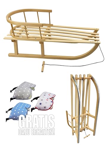Kinderschlitten [Holzschlitten mit Rückenlehne] Schneeschlitten Rodelschlitten mit Lehne Davoser Schlitten Rodel mit Rückenlehne und Zugseil 90cm + GRATIS Handwärmer