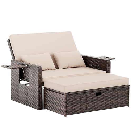 Amopatio Rattan Gartenlounge Outdoor Set, 2-Sitzer Gartensofa mit Verstellbarer Rückenlehne und Stauraum, Wetterfestes Lounge Möbel für Balkon und Terrasse, mit Hocker und Kissen, Braun