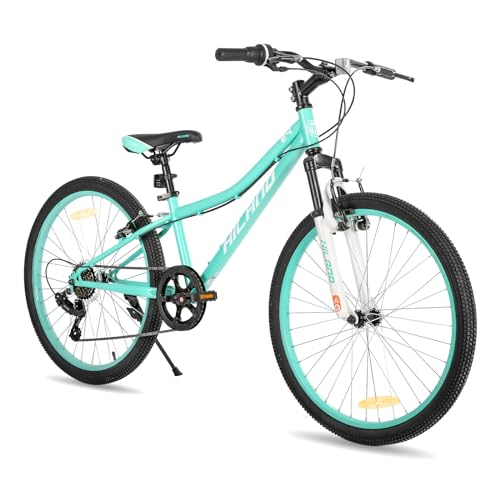 Hiland Climber 24 Zoll Kinderfahrrad, 7 Gang V-Bremse Kinder Mountainbike, Jugend MTB mit Federgabel, Mountainbike für Jungen Mädchen Mintgrün