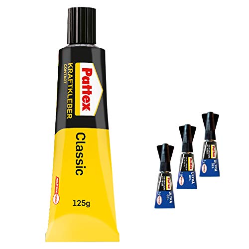 Pattex Kraftkleber Classic, extrem starker Kleber für höchste Festigkeit, Alleskleber für den universellen Einsatz, Spar-Set mit 1x 125 g und 3x 1 g Sekundenkleber Pattex Ultra Gel, 9HPCL4CP1X
