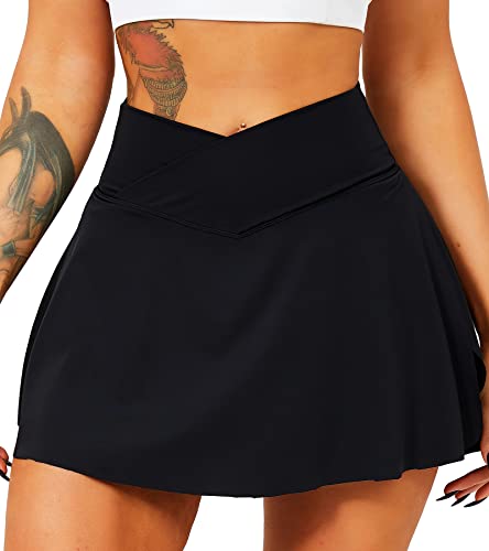 TZLDN Tennis Skort - Damen Sport Rock mit Shorts Laufrock Minirock Tennisrock Hosenrock Sommerrock Skirt Outdoor Workout Running A01 Schwarz M