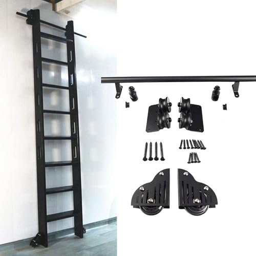 Schiebe-Bibliotheksleiter aus Karbonstahl, Hardware-Kit mit Bodenrollenrädern für Zuhause/Innen/Dachboden, schwarz, 100 x 732 cm, Schienenlänge, einfache Installation und reibungslose Bedienung