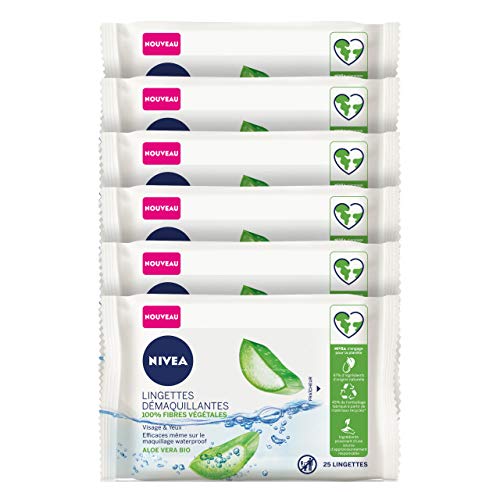 NIVEA Aloe Vera 100% Pflanzenfasern Make-up Entferner (6 x 25 Stk), Gesichts-Entferner für alle Hauttypen, biologisch abbaubare Reinigungstücher - 150 Stück