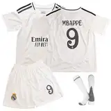 Oirigaga Fussball Trikot Kinder Set, Madrid-Heim No.9 Fußballtrikot für 6-7 Jahre Jungen, KM9 Football Jersey mit Kurzarm Shorts Socken, Atmungsaktiv Schnelltrocknend Fußball-Trainingskostüm, Weiß