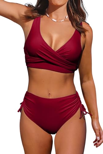 Beachsissi Damen Hoch taillierte Badeanzüge Criss Cross Drawstring Side Bikini Sets Lace Up 2 Stück Badeanzüge, Wein, XL