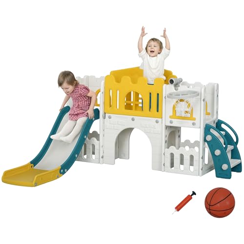 AIYAPLAY Kinderrutsche, 7 in 1, Kleinkinderrutsche mit Basketballkorb, Klettergerüst, Teleskop, Tunnel, Lenkrad, Plattformgang, Aufbewahrungskorb, Kinder Spielplatz für 1 bis 3 Jahre Kinder