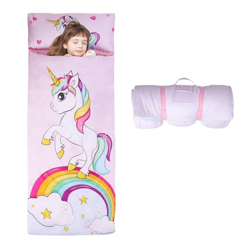 Einhorn Schlafsack Kinder Doppelter Reißverschluss Weich Warm, Faltbare Kinderschlafsack mit Kissen Abnehmbar für Mädchen Jungen, Leicht Reinigen Schlafsack für Outdoor Indoor Camping, 150×60cm