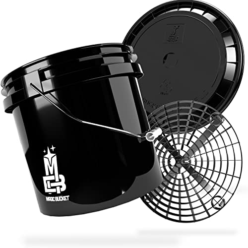 MAGIC BUCKET | Auto Handwäsche Bundle | Wascheimer mit passendem Eimer Deckel 3,5 US GALLONEN ca. 13 Liter | Mit Grit Guard Eimereinsatz Schmutzsieb | Waschset Schwarz/Schwarz