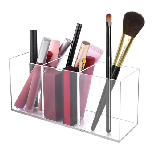 CANCYCC Acrylic Pinselhalter Kosmetik, 3 Fächern Make Up Organizer Groß für Eyeliners, Lippenstift, Schminktisch Zubehör Aufbewahrung, Klarer Stifte Organizer für Büro, Schule, Haushaltsbedarf