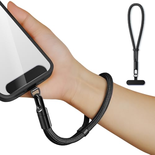 newplenty Handykette Kurz Universal,Verstellbar Handyanhänger, Schlüsselband, Handschlaufe, Handygurt, Handgelenk,Handyband, Anti Verlust mit Ultradünnem Patch (Schwarz)