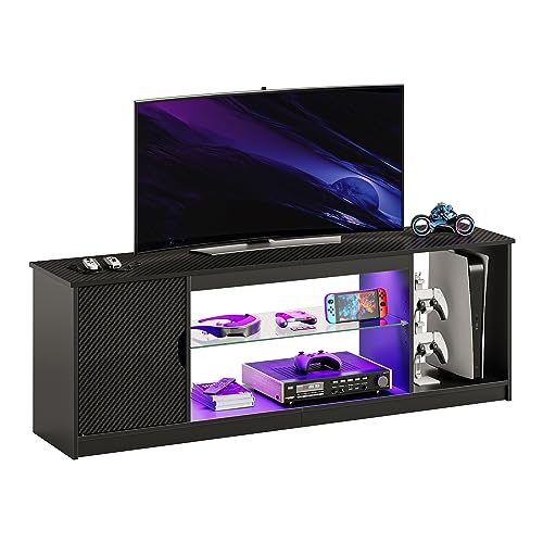 Bestier TV-Schrank, Lowboard für 65 Zoll & kleinere TVs,148 x 35 x 52 cm, Fernsehschrank mit RGB-LED-Leuchten,Fernsehtisch mit verstellbaren Glasböden für Wohnzimmer Schlafzimmer, Schwarze Kohlefaser