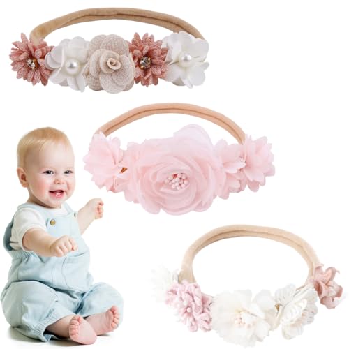 MKVZIYE 3 Stücke Baby Haarband,Blume elastisches Haarband Haarschmuck,für Neugeborene Kleinkinder,Baby Mädchen Stirnbänder Weiche Neugeborene Kleinkind Haarschmuck