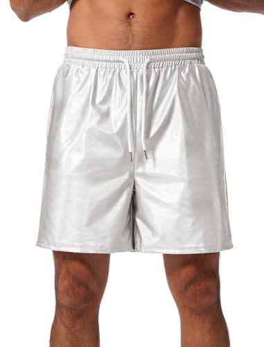 ABAFIP Glänzende metallische Herren-Shorts, Kordelzug, glitzernde Tanz-Hotpants, Disco-Rave-Party-Outfit mit Taschen, silber, XL