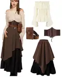kasahara 5pcs Mittelalter Kleidung Damen Set, Retro Off Shoulder Bluse Kleid Renaissance Kostüm Victorian Bekleidung Maxi Dressm mit Corsett, Gürteltasche, Gürtel, Karneval Faschingskostüm (Brown, L)